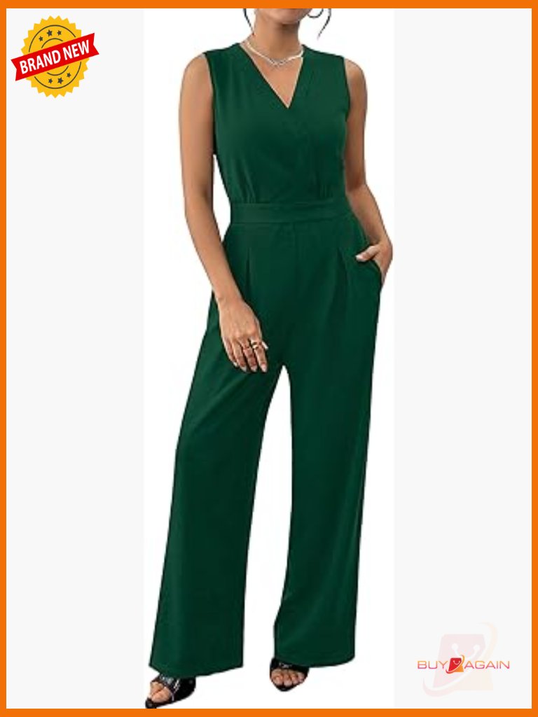 Sleeveless V Neck Wide Leg Jumpsuit Dressy Summer Travel Outfit